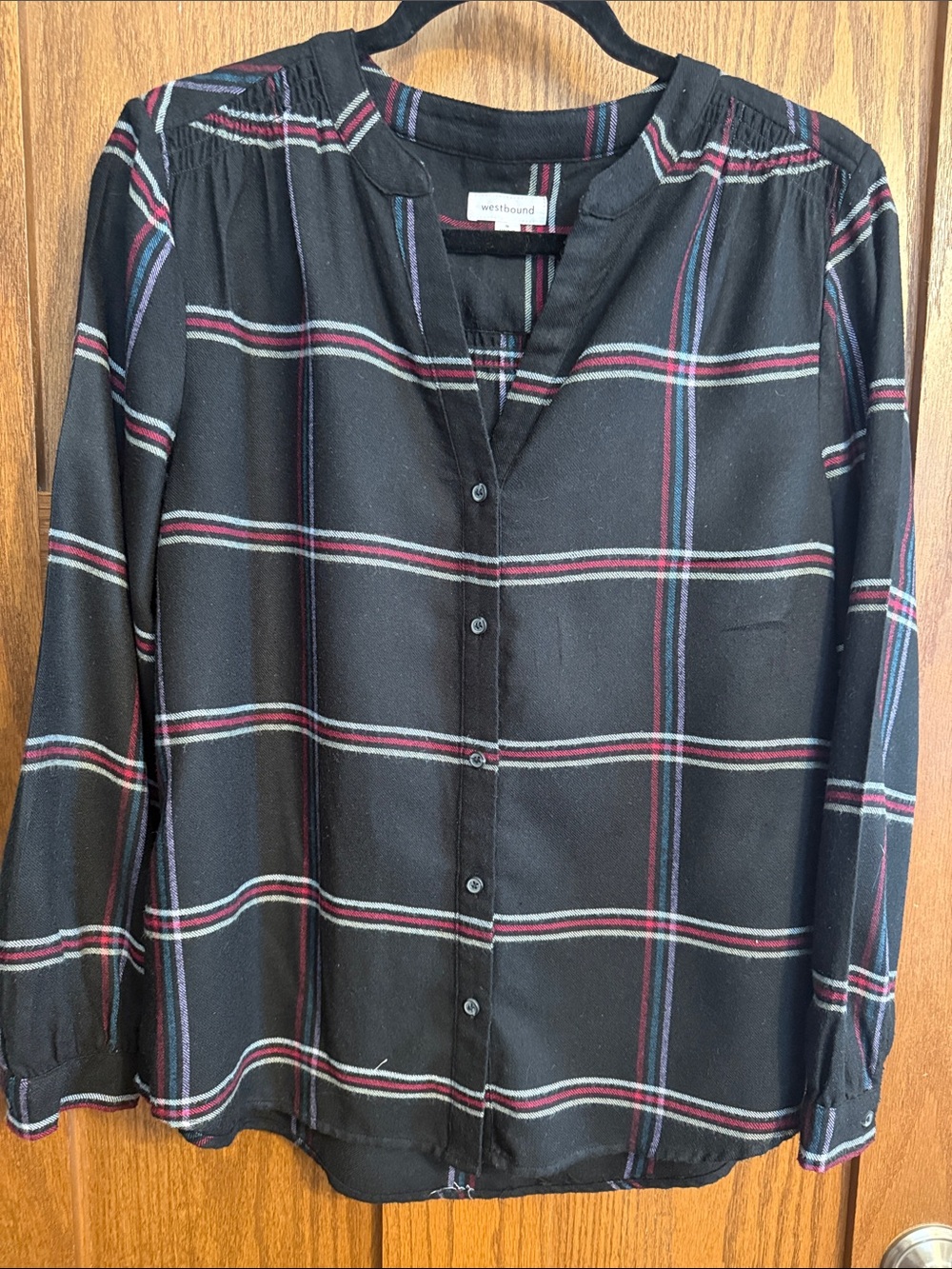 Westbound Black Plaid Button-Front Shirt with Red and Blue Stripes